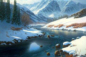 Wall Mural - cold mountain river against background of snow-caed hills, created with generative ai