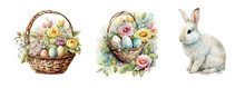 Happy Easter Set Vector Cute Classic Illustrations Of Easter Eggs In A Basket Of Flowers, Chick, Bunny Greeting Text For A Greeting Card, Poster Or Background