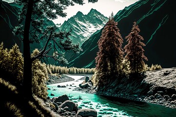 Wall Mural - mountains overgrown with vegetation and trees along banks of fast mountain river, created with generative ai