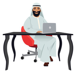 Sticker - Saudi business manager working on laptop. Arab sit at table