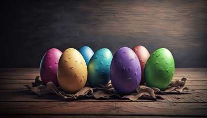 Happy Easter festival day with colorful eggs, row of traditional Easter eggs, minimal style, spring holiday, decorations design with Generative Ai.