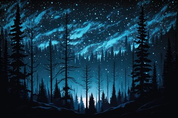 Wall Mural - silhouettes of the spruce forest can be seen in the nighttime enigmatic panoramic landscape in frigi