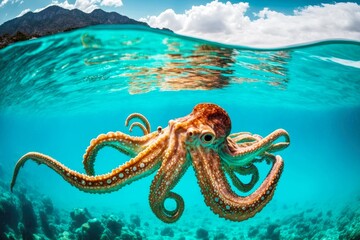 Sticker - bright octopus sea in clear turquoise sea of mediterranean coast, created with generative ai