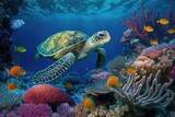 Fototapeta Do akwarium - coral reef in color with numerous fish and a sea turtle. Generative AI