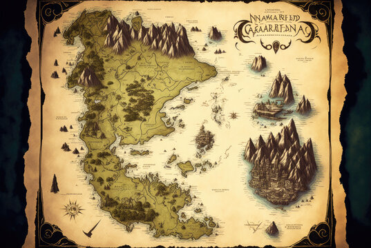 An old paper map of a fantasy land. Created with Generative AI.