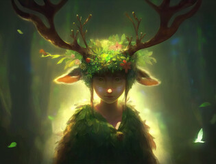 Wall Mural - Mystical Forest Spirit with Antlered Headdress. (Generative AI)