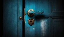 A Blue Door With A Brass Handle And A Blue Door Handle With A Blue Door Handle And A Blue Door With A Brass Handle And A Black Background.  Generative Ai