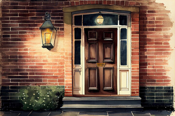 Retro vintage front door. Brick wall.