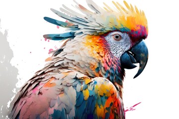 Wall Mural - beaful multicolored large cockatoo parrot on white with powerful beak, created with generative ai