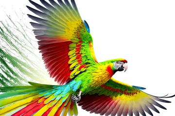 Wall Mural - bright large parrot on white with red and yellow green wings, created with generative ai