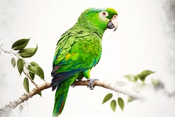 Wall Mural - green parrot on white with white beak sitting on branch, created with generative ai