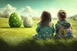 Children sitting in the meadow near big easter eggs. Generative AI