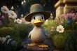 Cute Cartoon Story Book Duck Character in a Straw Hat in a Garden (Generative AI)