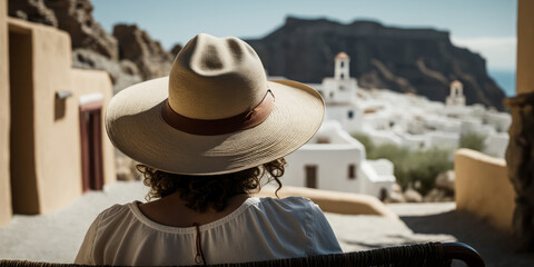 Wall Mural - Rear view of woman wearing a large sunhat relaxing with mediterranean view. Generative ai