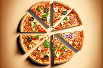 delivery pizza cut into portioned pieces on background, created with generative ai