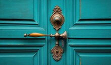  A Blue Door With A Gold Handle And A Wooden Handle On It's Side Door With A Gold Door Knocker On It's Side.  Generative Ai