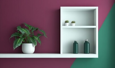  a white shelf with a potted plant and two bottles on it, against a purple and green wall, with a green plant in a white vase.  generative ai