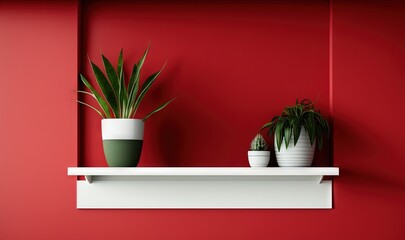  two plants are sitting on a shelf against a red wall, one is green and the other is white, and the other is red.  generative ai