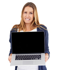 Wall Mural - Could you show me how this works. A young woman holding a laptop - isolated.