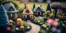 Beautiful Whimsical Fairy Garden With Tiny Town Valley. Generative Ai
