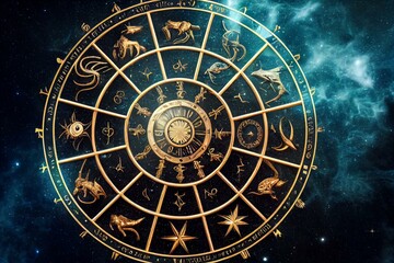 Composition of zodiac wheel with aquarius star sign over stars. Generative AI
