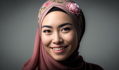 Poster - Smiling asian woman wearing a hijab looking at the camera. Generative AI