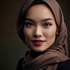 Poster - Smiling asian woman wearing a hijab looking at the camera. Generative AI