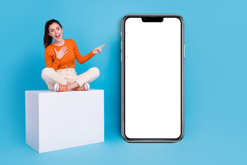 Sticker - Full body image of cute charming woman promote recommend phone device placard isolated on blue color background