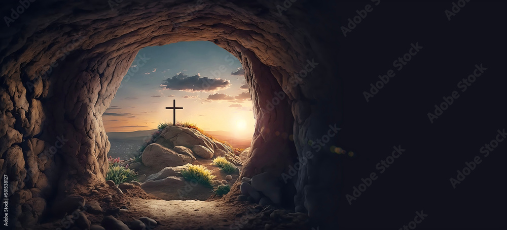 Inside view of Jesus Christ's empty tomb at sunrise, with a wooden ...