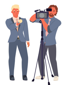 Fototapete - Vector journalist and cameraman creating TV broadcast illustration
