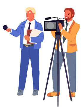 Fototapete - TV reporter with microphone and operator vector illustration