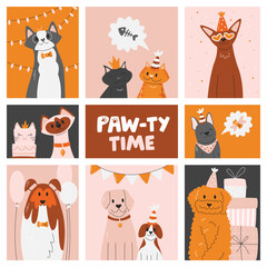 Pet party poster template with cats and dogs. Celebration concept design with handwritten lettering. Geometric banner with domestic animals. Paw-ty time hand drawn flat vector illustration isolated