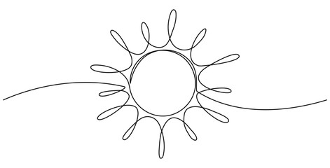 Wall Mural - Sun continuous one line art drawing. Summer sun contour line sign. Vector illustration isolated on white.