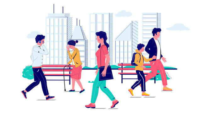 Fototapete - Vector people walking on city street illustration