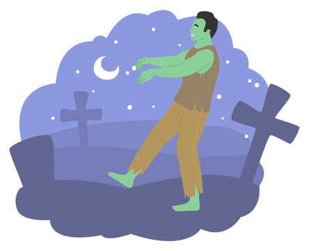 Fototapete - Creepy cartoon zombie walking on graveyard vector