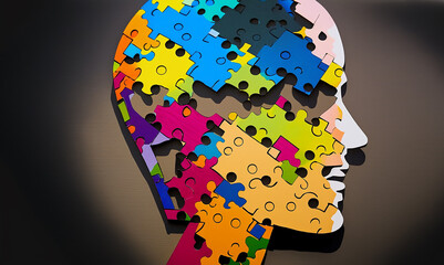 Wall Mural - Human head profile and jigsaw puzzle, cognitive psychology or psychotherapy concept, mental health, brain problem, personality disorder, vector line design,  Created using generative AI tools.