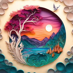 Wall Mural - Generative AI illustration of stunning paper art quilling landscape scenes with soft pastel colors and beautiful use of shape