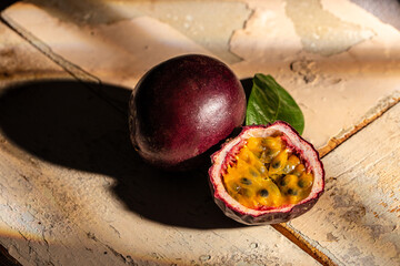 Wall Mural - Fresh passion fruits. Healthy fruit. Food recipe background. Close up