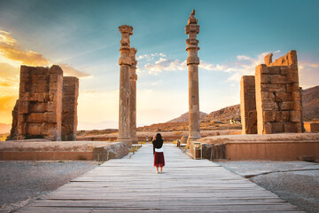 tourist walk explore sightseeing famous destination - persepolis ancient - persian city in south ira