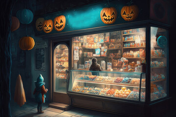 A girl stands near a store and looks at a window with sweets that are sold for the holiday of Halloween, Generative AI.