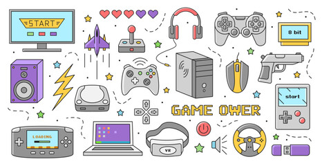 Wall Mural - Game items illustration set. Retro stickers set with gamepad, controller, arcade console, joystick, computer and video game headset. Cartoon flat vector collection isolated on white background