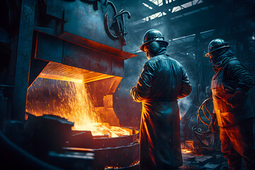 Wall Mural - Liquid iron molten metal pouring in container, industrial metallurgical factory, foundry cast, heavy industry. Factory workers in protective suits work. Generative AI