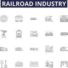Railroad Industry Line Vector Icons And Signs. Railroad, Tracks, Locomotive, Train, Coal, Rolling-stock, Transport, Cargo Outline Vector Illustration Set