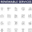 Renewable services line vector icons and signs. Services, Solar, Wind, Hydro, Geothermal, Biomass, Biofuel, Wave outline vector illustration set
