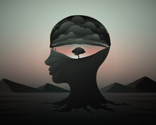 Double Exposure Silhouette Of Human Head With Mental Health Concept