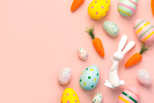 Composition With Colorful Easter Eggs,easter Bunny And Carrots With Copy Space For Text