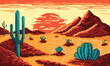 Pixel hot desert with mountains and cacti background. Dry 8bit valley with yellow sand and red hills with sun in hot haze. Gradient pixelated sky before vector sunrise