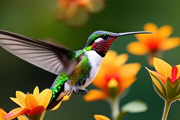 Hummingbird in the treetops in a tropical rainforest, bright flowers and leaves, exotic plants, vines. Wildlife concept of ecological environment. Generative AI