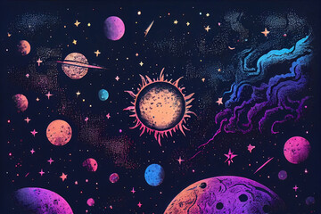  Solar system. Colorful planets, galaxy and universe. Space cartoon. Neon