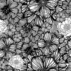 Wall Mural - Seamless monochrome pattern of flowers from lines. Vector illustration. Line art